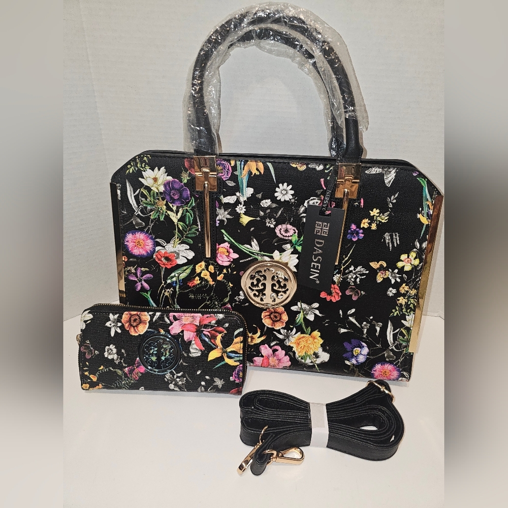 Dasein Floral Faux Leather Satchel Matching Wallet NWT Black Flower